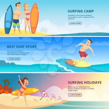 Surfing banners illustrations. Vector design template surfing camp banner, poster web with sand beach woman with surfboard