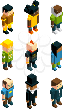 Avatars for 3D games. Isometric low poly people in various clothes. Young poly man and woman minifigure, vector illustration