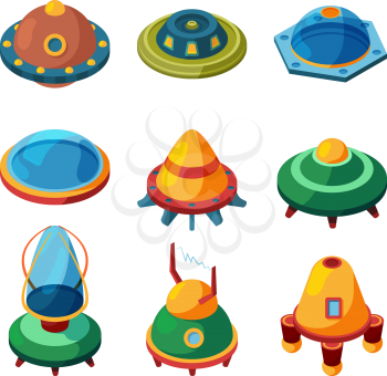 UFO and aliens isometric. Vector space plates isolate. Spaceship ufo, 3d isometric space toys collection illustration