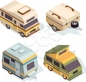 SUV and camping cars. Isometric pictures set of travel cars. Travel car isometric, camper for tourism, camp transport, vector illustration
