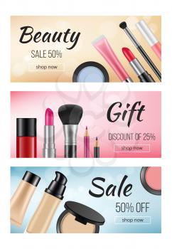 Banners of cosmetics. Design template of horizontal banners with illustrations of women cosmetics. Vector cosmetic beauty cream, sale and discount