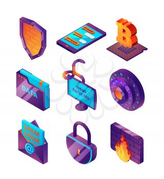 Network protection 3d. Computer hacker web online lock fishing pages and viruses safety vector isometric illustrations. Illustration of security computer and safety isometric network