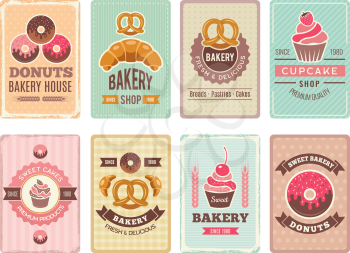 Bakery cards design. Fresh sweet foods cupcakes donuts and other baking products illustrations for vintage vector menu in retro style. Menu card baking shop and pastry bakery, donut and cupcake