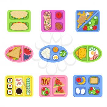Lunch box. School fresh healthy food in plastic containers with vegetables, meal and sliced products for breakfast. Vector pictures container with breakfast, fresh healthy lunch illustration