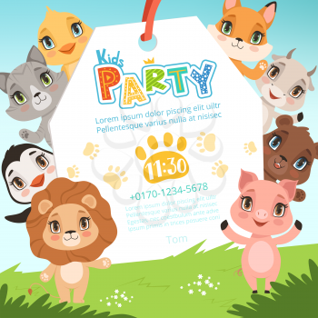 Animals kids invitations. Cute funny jungle animals in cartoon style placard at baby birthday celebration party vector pictures. Illustration of birthday invitation baby with funny animals