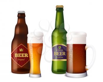 Beer glasses bottles. Cup and vessels for alcoholic drinks craft light brown fresh cold beer with foam splash. Realistic pictures beer. Illustration of beer glass and bottle alcohol