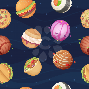 Food planets pattern. Fantastic space world with sweets fast food burger pizza sushi glossy stars sky vector seamless background. Illustration of space cosmic dream with fast food