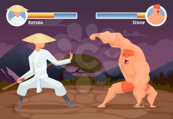 Game fighting. Screen location of computer 2D gaming asian fighter vs wrestler luchador vector background. Video game screen app, battle and combat player illustration