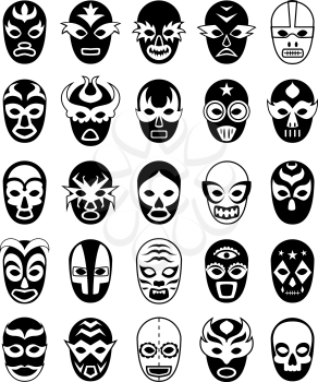 Fighters masks. Mexican lucha libre silhouettes of vector masked luchador isolated. Collection of mask wrestling mexican, wrestler luchador fighter illustration