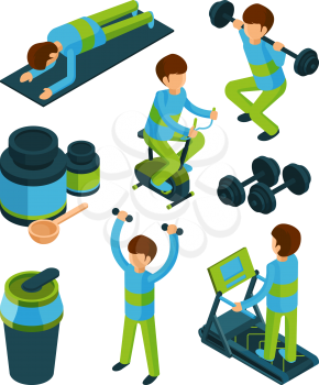 Sport people isometric. Exercises and fitness equipment for health gym tools vector 3d collection isolated. People in gym exercise, fitness equipment isometric illustration
