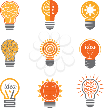 Ideas lamp logo. Electronics light energy bulb bright orange yellow electrician business creative symbols vector logotypes template. Illustration of lamp idea, energy light bulb symbol