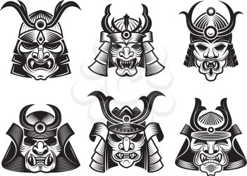 Asian martial mask. Japanese samurai face armour warrior vector illustrations for tatoo or logo designs. Martial warrior mask, ninja fighter monochrome illustration