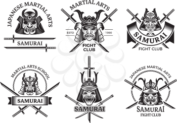 Martial asian labels. Samurai agressive warrior masks and sword katana vector labels logo or tattoo designs. Illustration of japanese samurai school emblem, logo traditional japan martial art