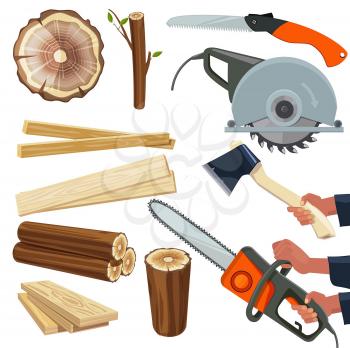 Wood materials. Wooden production and cut woodworking equipment cutting tools forestry pile vector isolated pictures. Instrument in hand hold, holding sawmill equipment illustration