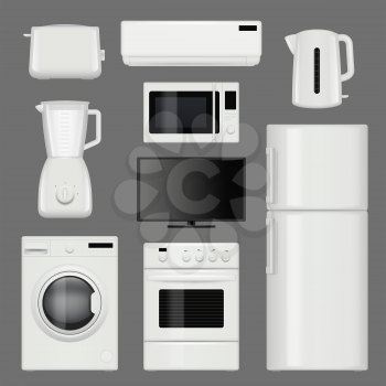 Home appliances realistic. Modern stainless steel kitchen tools vector pictures isolated. Illustration of equipment kitchen, wash machine and refrigerator