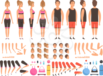 Sport people animation. Fitness male and female workout mascots body parts vector creation kit. Illustration of people girl and boy body, trainer creation man and woman physical strong