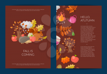 Vector cartoon autumn elements and leaves card or flyer template illustration. Set of web banner