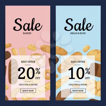 Vector cartoon bakery elements web banner templates with discount illustration