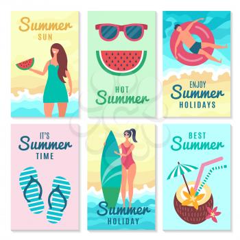 Design cards with summer symbols and various characters. Vector poster summertime, beach paradise illustration
