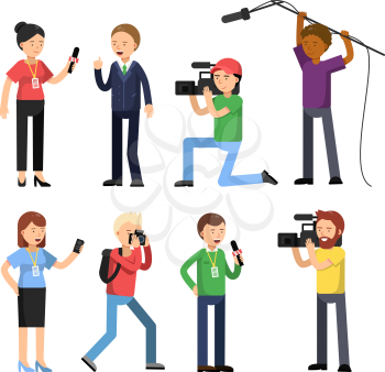 Set characters of broadcasting, reportage and interview. Operator, photographer and interviewer. Reporter for television, tv journalist. Vector illustration