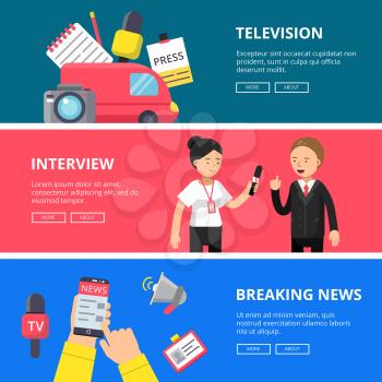 Horizontal banners of journalism and broadcasting. Vector poster interview and television. media breaking news illustration