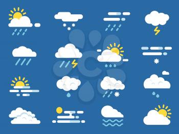 Weather icon set. Meteo symbols. Vector pictures in flat style. Sunny and storm, snowflake and rainy, forecast symbol illustration