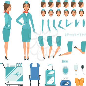 Constructor characters of Stewardess. Vector mascot creation kit. Woman character occupation uniform, attendant service illustration