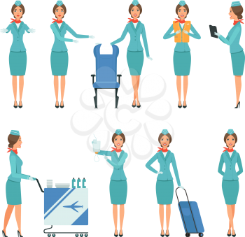 Stewardess characters. Various mascots in action poses. Airport and flight workers. Flight airline hostess, attendant in uniform service, vector illustration