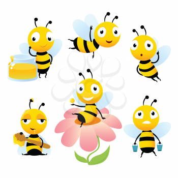 Cartoon bees. Funny illustrations of characters isolate. Vector bee cartoon, wildlife honeybee