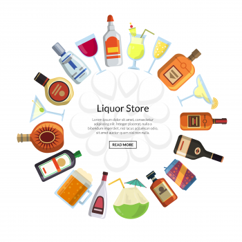 Vector alcoholic drinks in glasses and bottles in circle form with place for text in center illustration