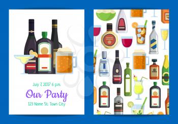 Vector vertical invitation template for adult party with alcoholic drinks in glasses and bottles in flat style and place for text illustration