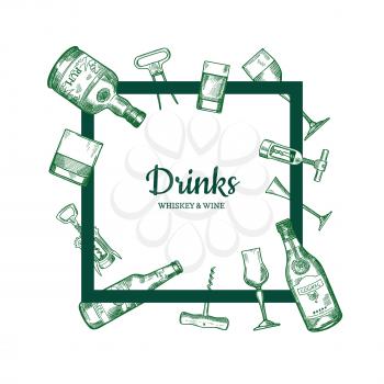 Vector hand drawn alcohol drink bottles and glasses frame with flying around it with place for text in center illustration