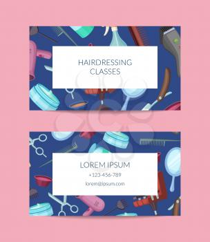 Vector business card template with hairdresser or barber cartoon elements for hair or beauty salon or classes. Barbershop or haircut master cutaway illustration
