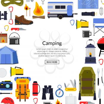 Vector flat style camping elements background illustration with place for text in center