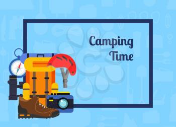 Vector rectangle frame with pile of flat style camping elements in the corner with place for text background illustration