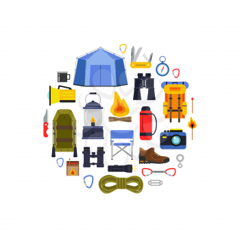 Vector flat style camping elements gathered in circle illustration. Outdoor backpack, tourism and camp, knife and campfire, binoculars and compass