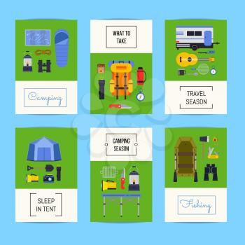 Vector set of six cards with place for text with flat style camping elements illustration