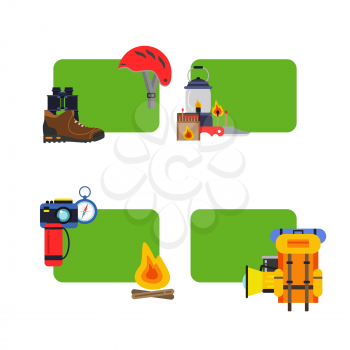 Vector set of stickers with place for text with flat style camping elements illustration