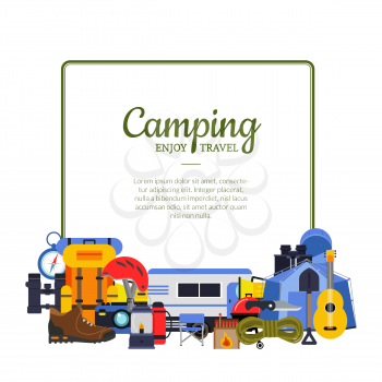 Vector frame with place for text with flat style camping elements below illustration
