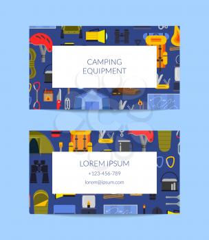 Vector business card template for camping or outdoor sports equipment shop with flat style elements illustration