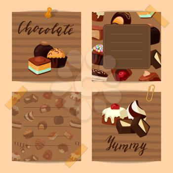 Vector set of cute notes with cartoon sweet chocolate candies illustration