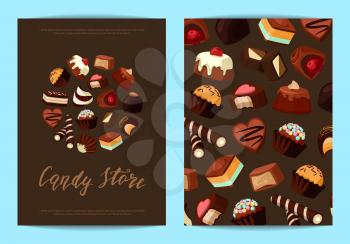 Vector card or flyer templates set for with cartoon chocolate candies and place for text illustration