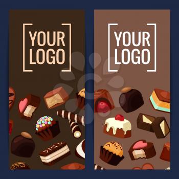 Banner and poster vector vertical card or flyer illustration with cartoon chocolate candies
