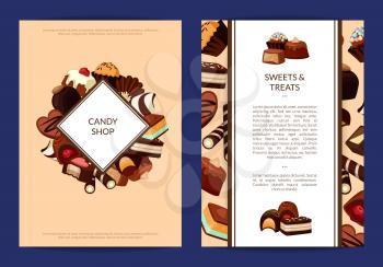 Vector card or flyer templates set with cartoon chocolate candies and place for text illustration
