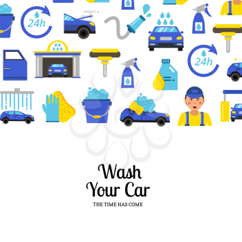 Vector background with car wash flat icons and place for text illustration