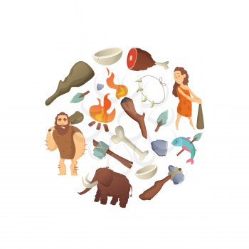 Vector cartoon cavemen in circle shape illustration isolated on white background