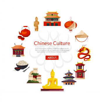 Vector flat style china elements and sights in circle form with place for text in center round illustration