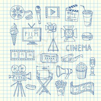 Vector cinema doodle icons of set on cell sheet illustration