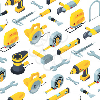 Vector construction tools isometric icons background or pattern illustration. Hammer and spanner, roller and wrench, screwdriver equipment