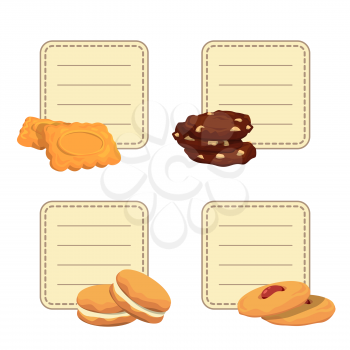 Vector set of stickers with place for text with cartoon cookies isolated on white background illustration